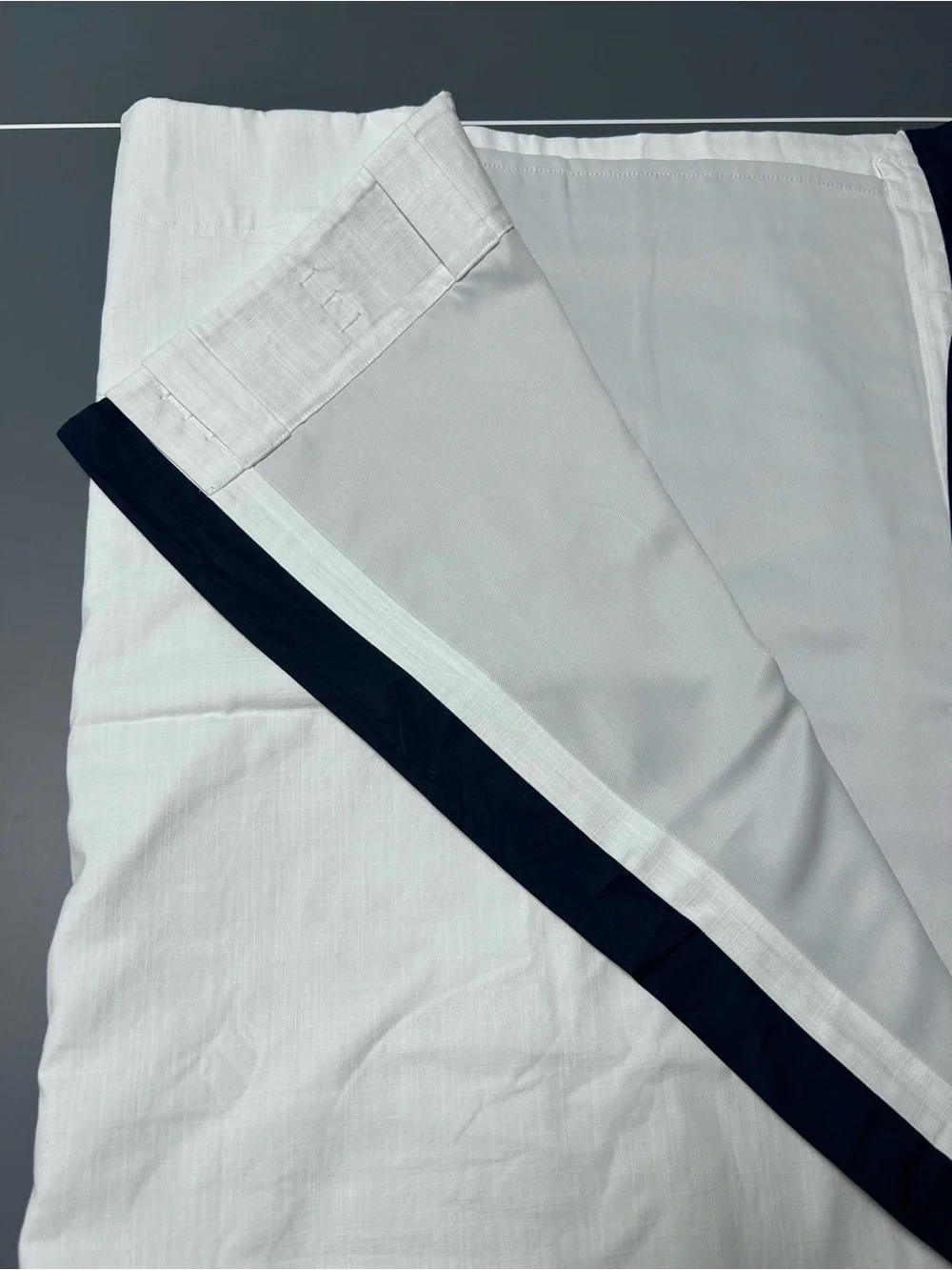 Pottery Barn Kids Window Curtain Panel Parker White w Navy Blue Stripe Trim NEW